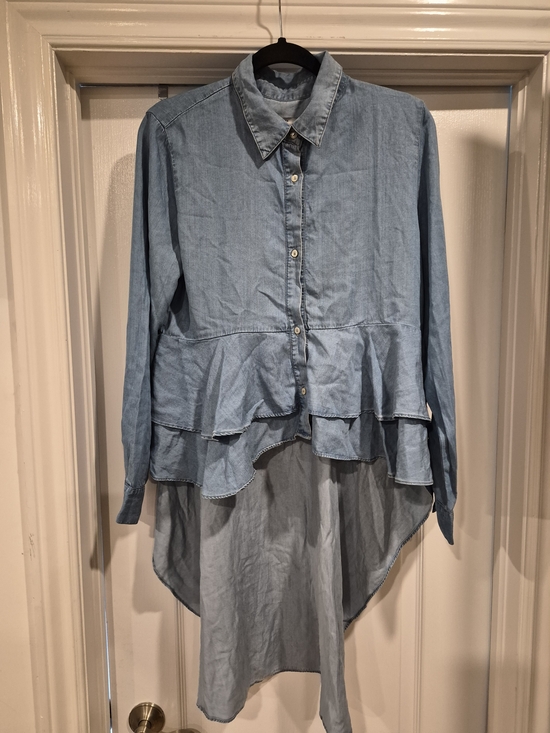 Zara Tops - Zara Light Blue Denim Ruffle High-Low Button-Down Shirt